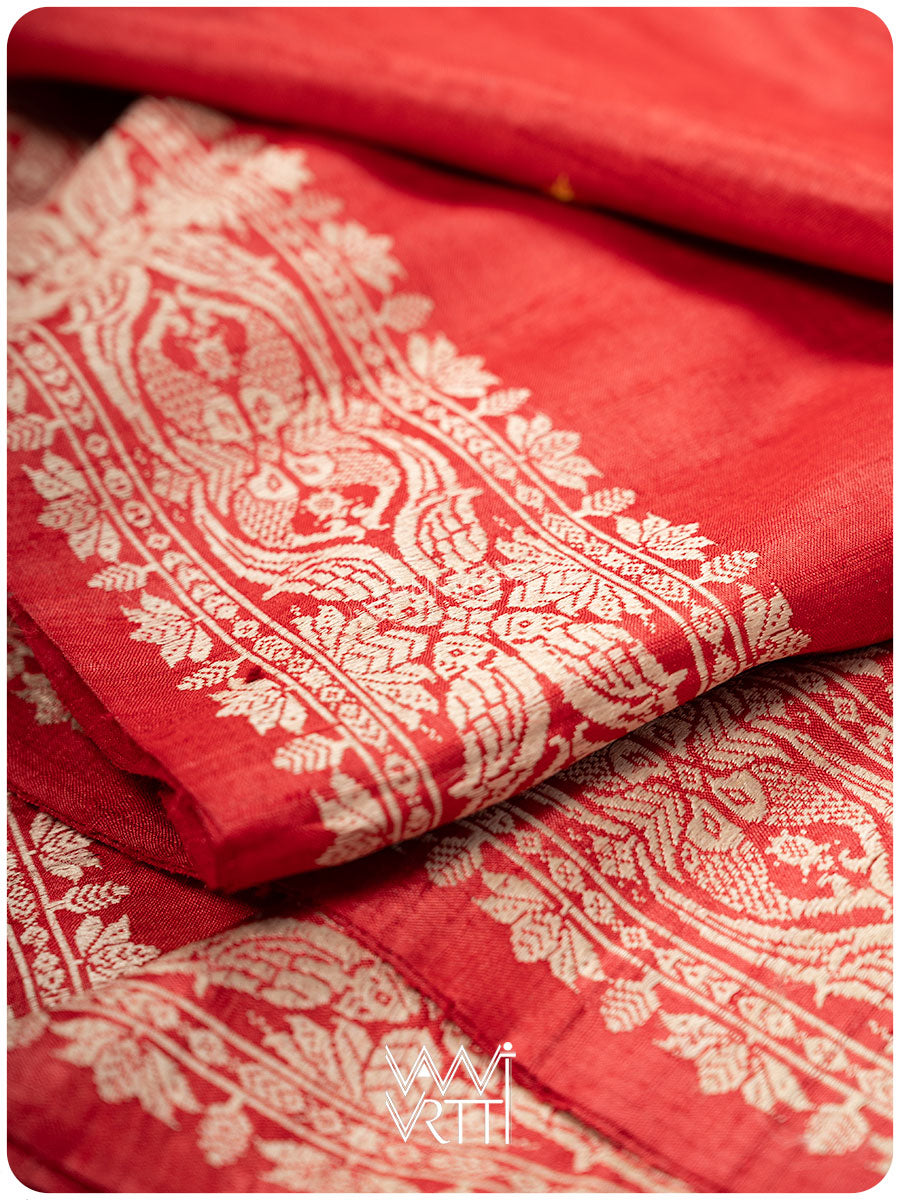 Red Lotus Parrot Jaal Designer Exclusive Handspun Handwoven Tussar Silk Saree