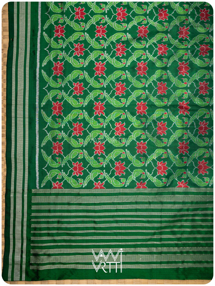 Emerald Green Lotus Parrot Mulberry Silk Ikat Saree