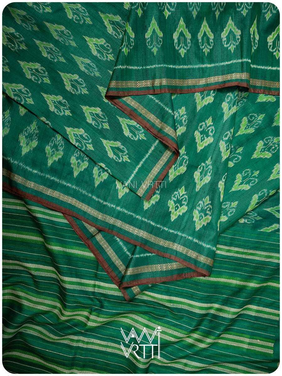 Emerald Green Prajapati Phool Ikat Handspun Tussar Silk Saree