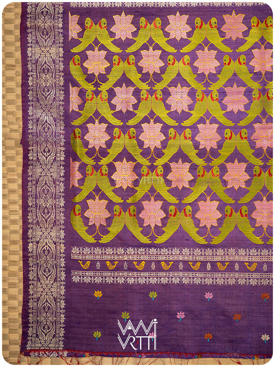 Purple Lotus Parrot Jaal Designer Exclusive Handspun Handwoven Tussar Silk Saree