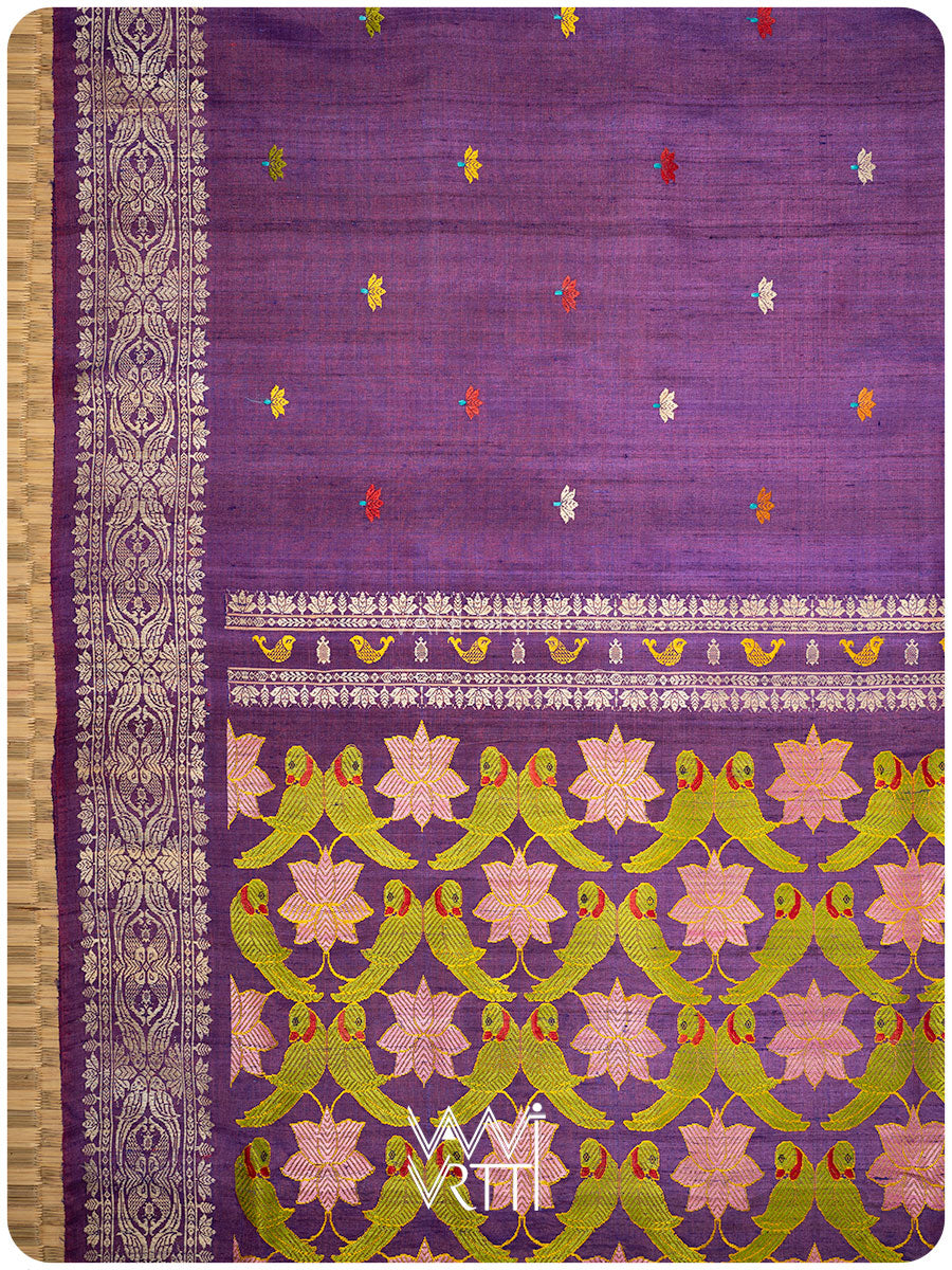 Purple Lotus Parrot Jaal Designer Exclusive Handspun Handwoven Tussar Silk Saree