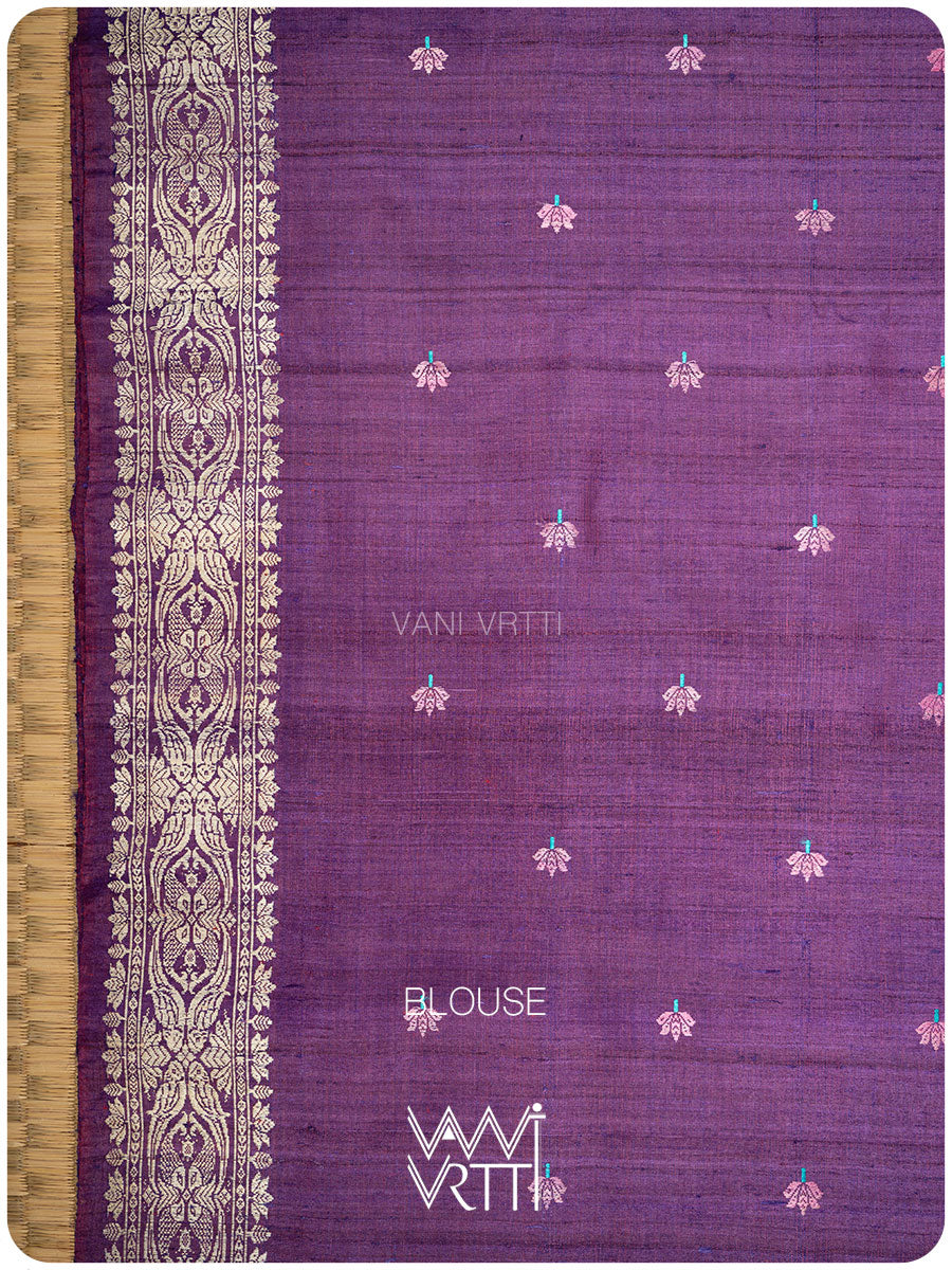 Purple Lotus Parrot Jaal Designer Exclusive Handspun Handwoven Tussar Silk Saree