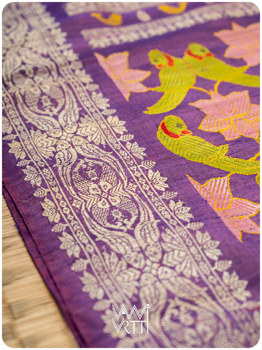 Purple Lotus Parrot Jaal Designer Exclusive Handspun Handwoven Tussar Silk Saree