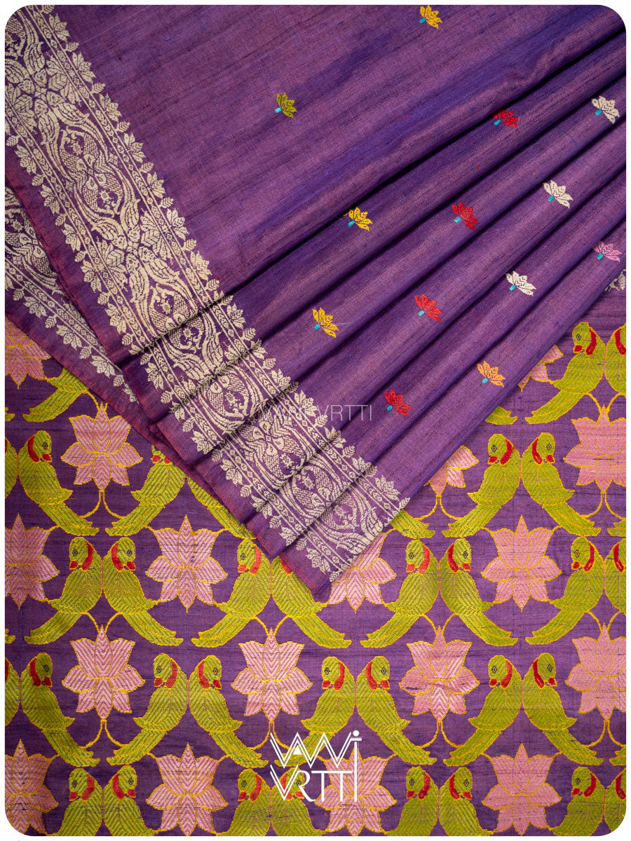 Purple Lotus Parrot Jaal Designer Exclusive Handspun Handwoven Tussar Silk Saree