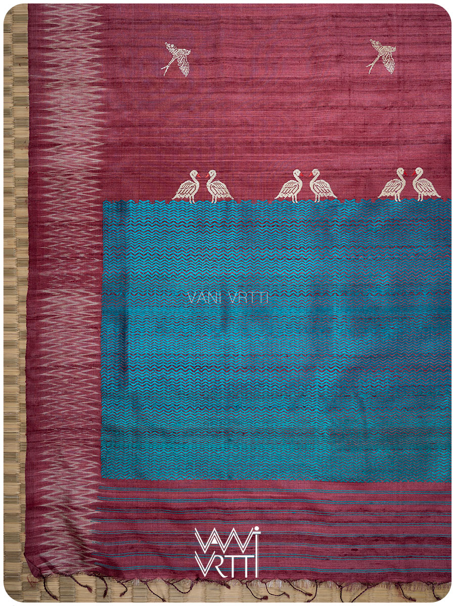 Deep Wine Chilika Master Weave Exclusive Handspun Tussar Silk Saree