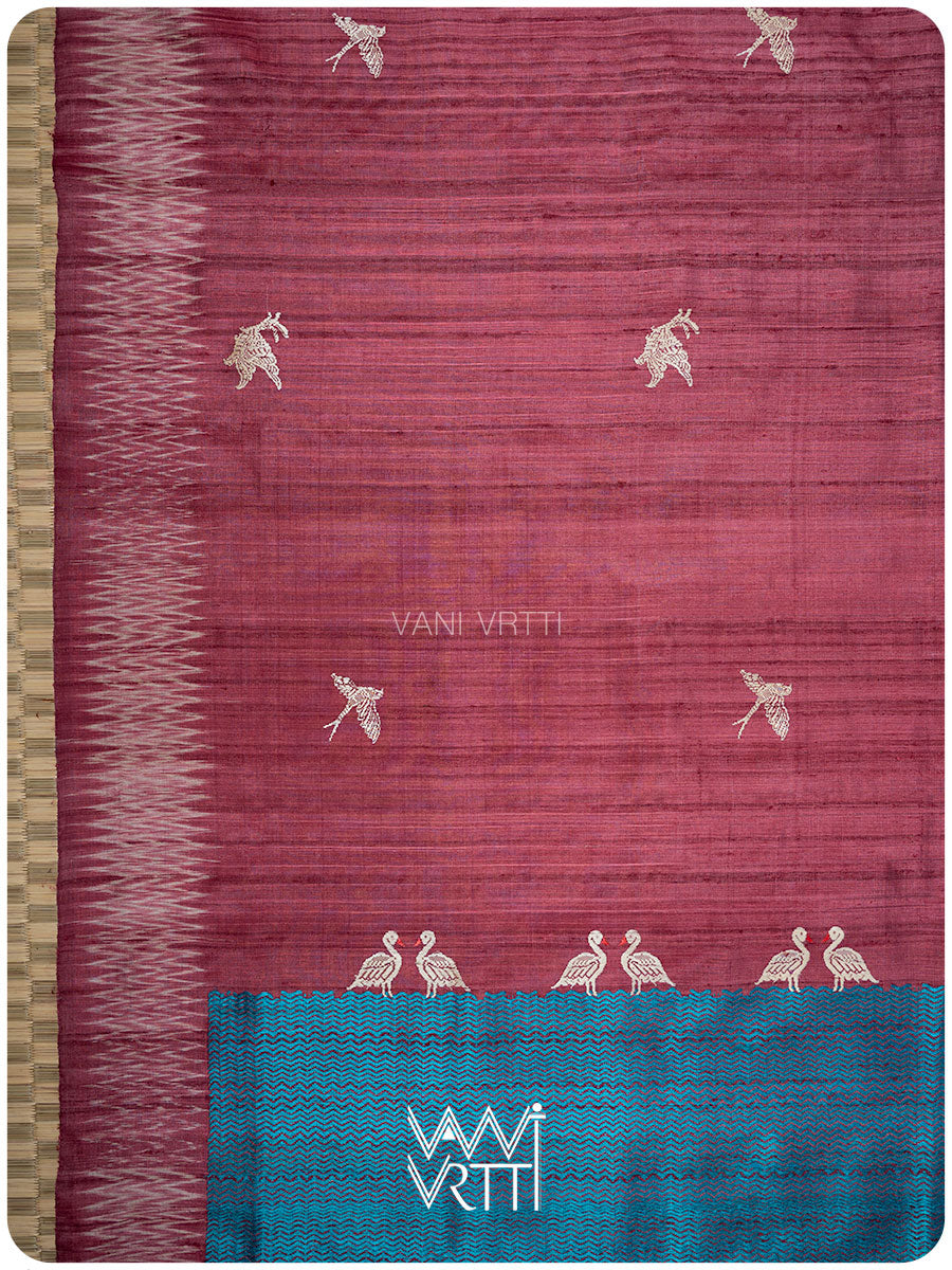 Deep Wine Chilika Master Weave Exclusive Handspun Tussar Silk Saree