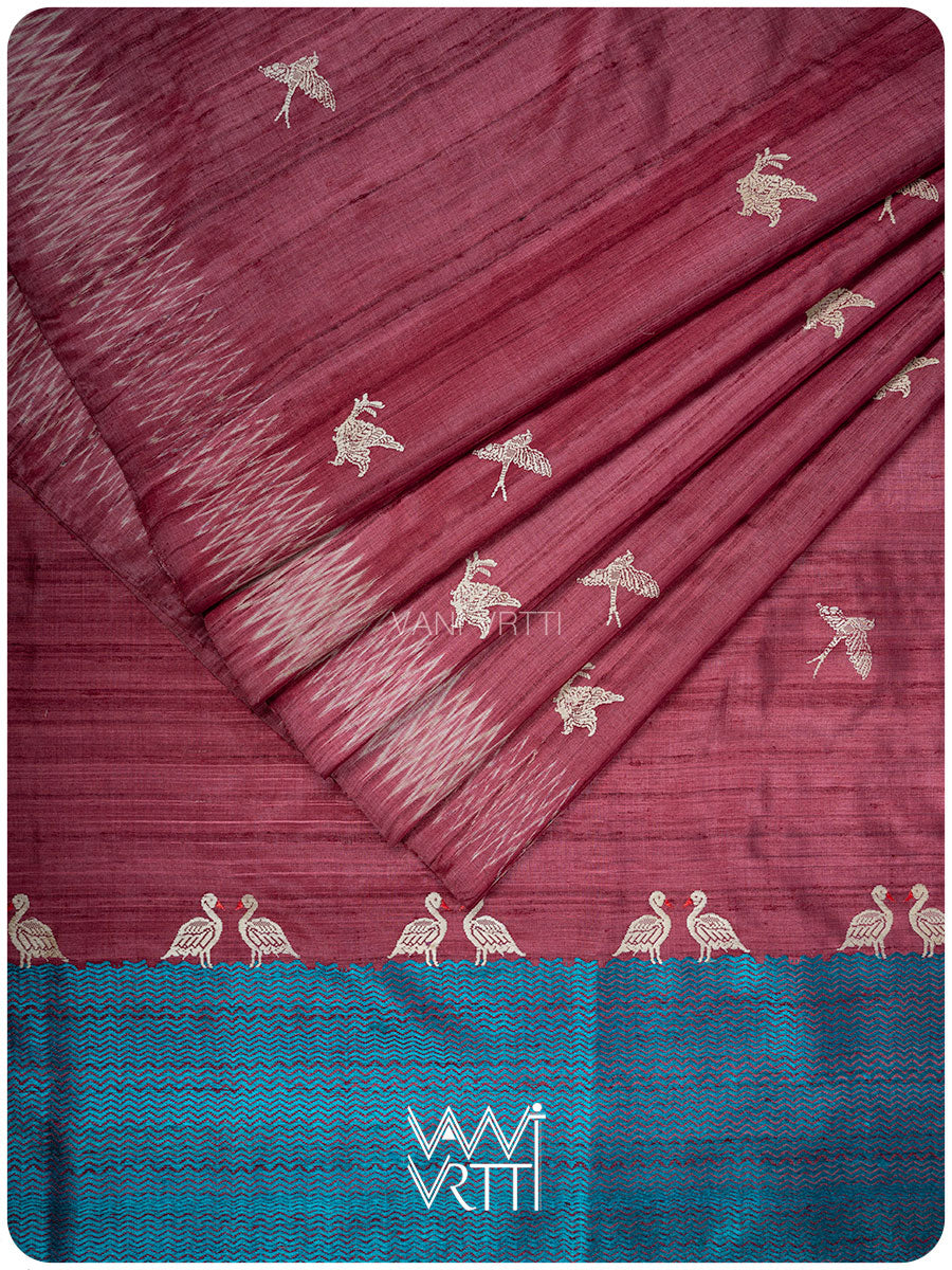 Deep Wine Chilika Master Weave Exclusive Handspun Tussar Silk Saree