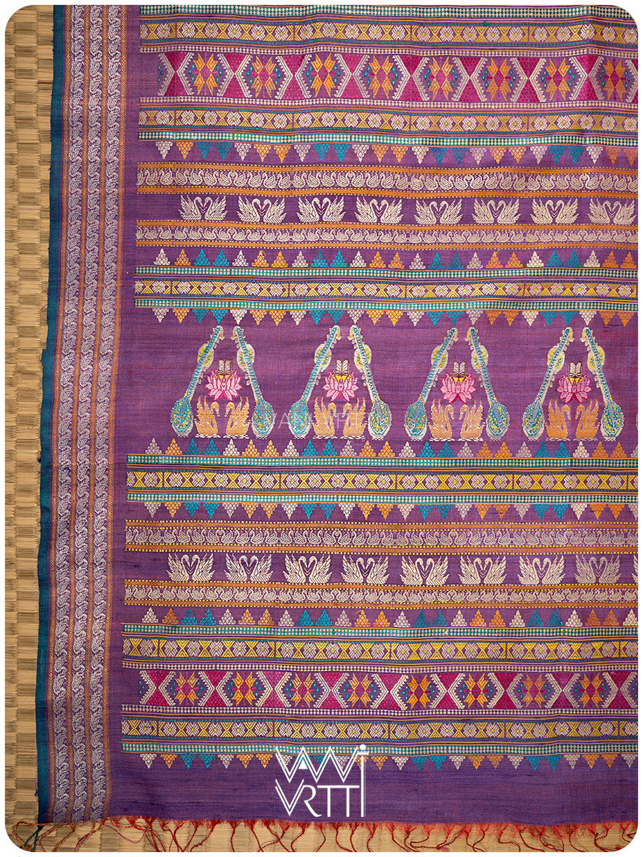 Mustard Yellow Pink Purple Ganga Jamuna Veena Pani Lata Master Weave Exclusive Handspun Tussar Silk Sari