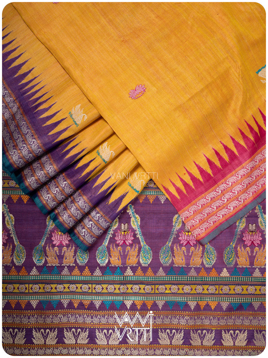 Mustard Yellow Pink Purple Ganga Jamuna Veena Pani Lata Master Weave Exclusive Handspun Tussar Silk Sari