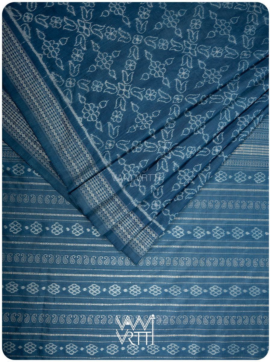 Indigo Phool Barfi Natural Dyed Mulberry Silk Ikat Saree