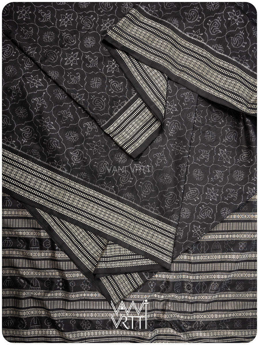 Black Palash Phool Iron Rust Natural Dyed Mulberry Silk Ikat Saree