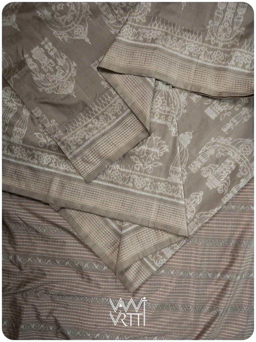 Grey Tulasi Chauda Tea Leaf Natural Dyed Mulberry Silk Ikat Saree