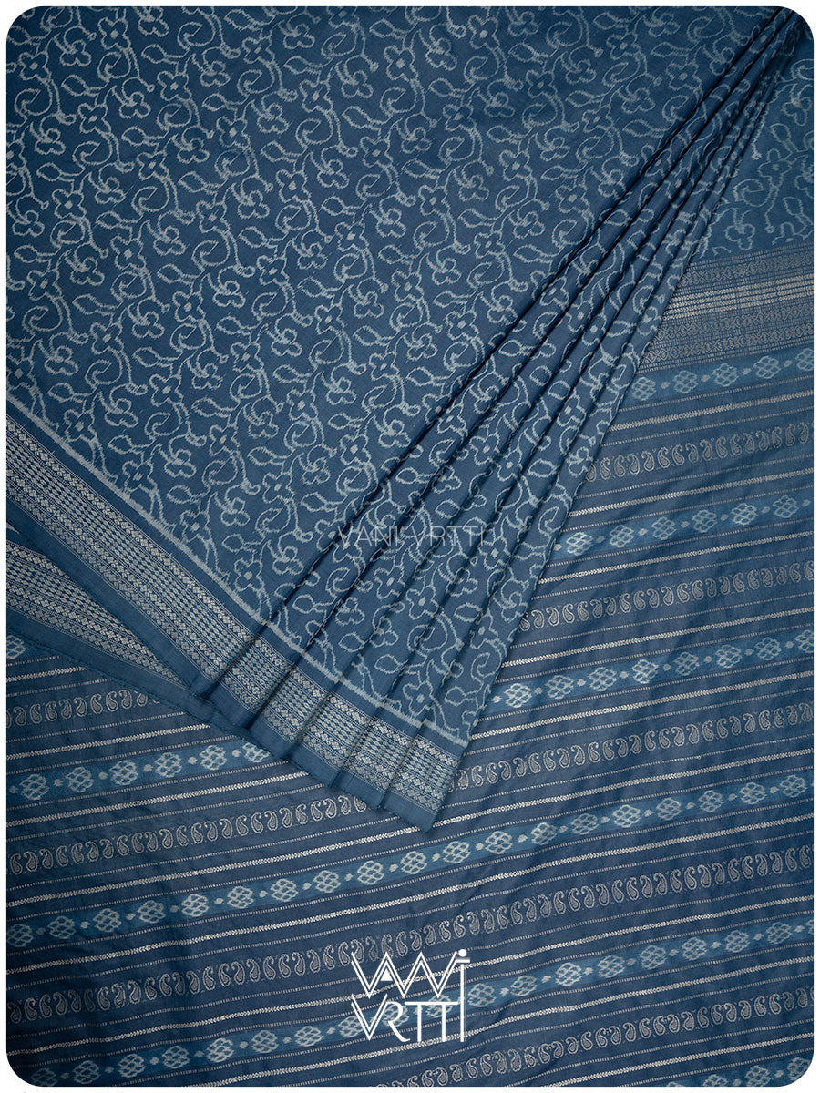 Indigo Barahamasi Phool Jaal Natural Dyed Mulberry Silk Ikat Saree