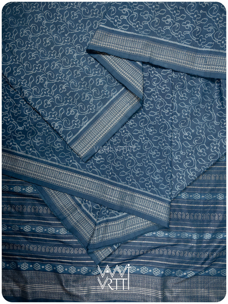 Indigo Barahamasi Phool Jaal Natural Dyed Mulberry Silk Ikat Saree