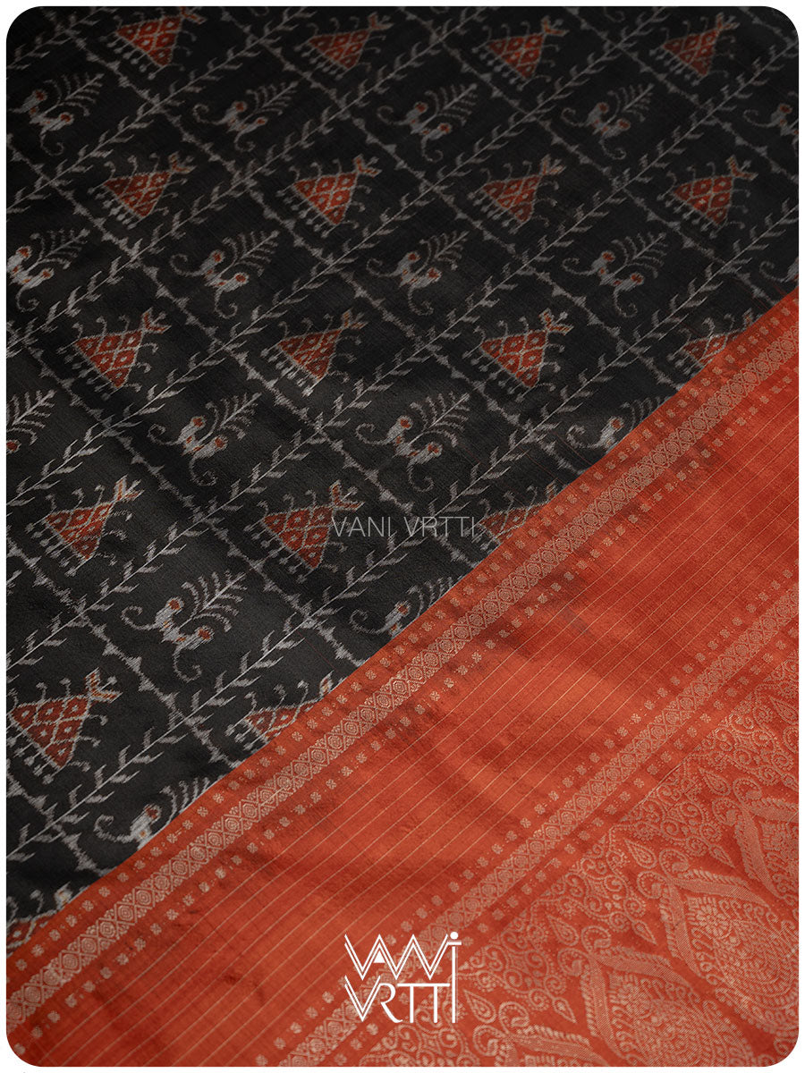 Black Maroon Tribal Tattoo Natural Dyed Mulberry Silk Ikat Saree