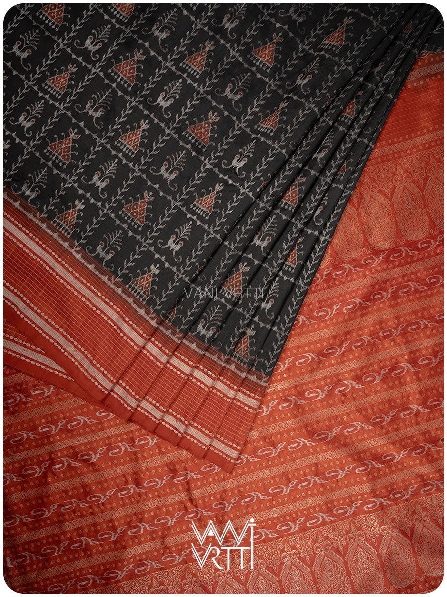 Black Maroon Tribal Tattoo Natural Dyed Mulberry Silk Ikat Saree