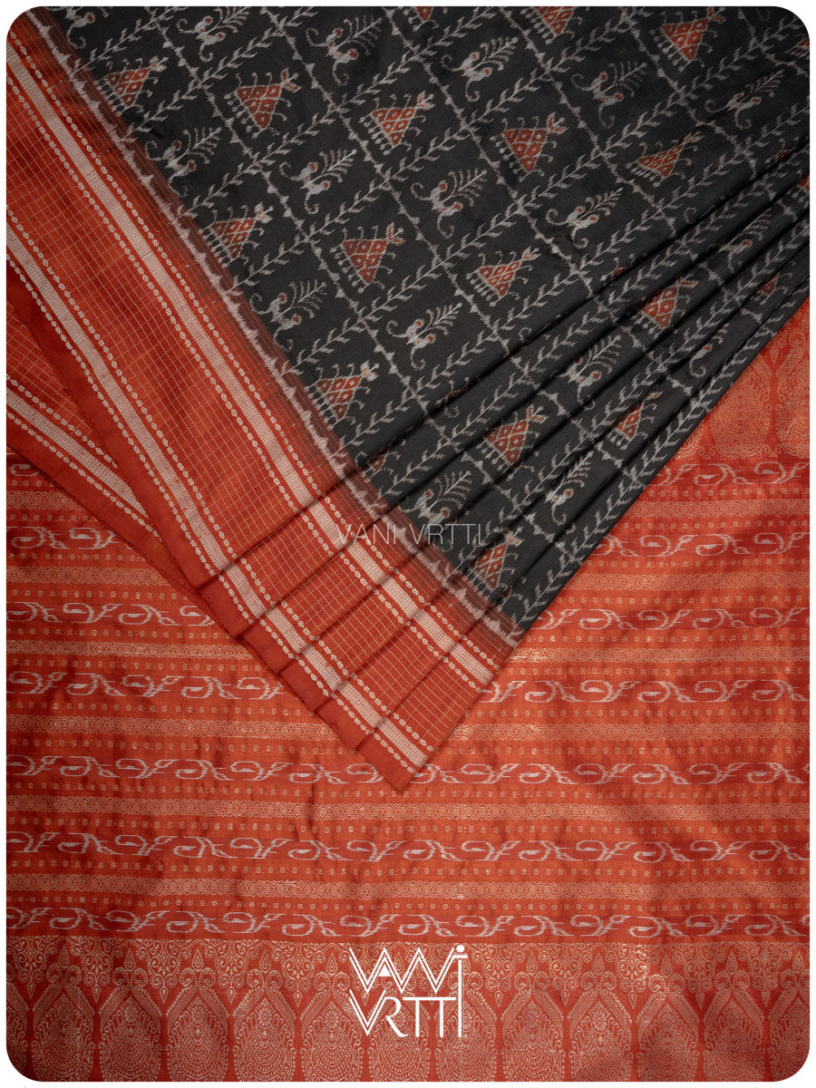 Black Maroon Tribal Tattoo Natural Dyed Mulberry Silk Ikat Saree