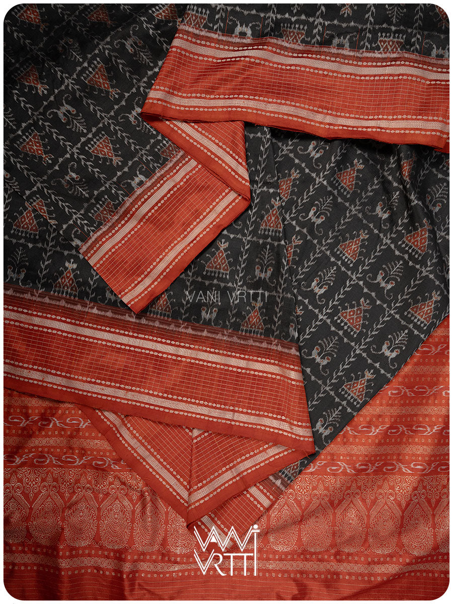 Black Maroon Tribal Tattoo Natural Dyed Mulberry Silk Ikat Saree