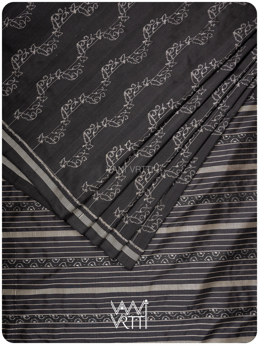 Black Phool Lahariya Natural Dyed Mulberry Silk Ikat Saree