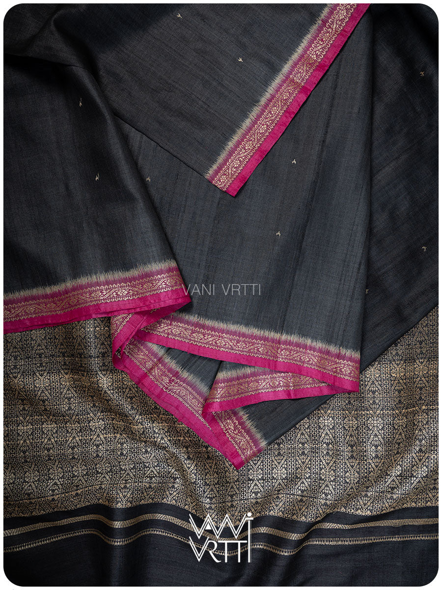 Black Madhumalati Handspun Tussar Silk Sari