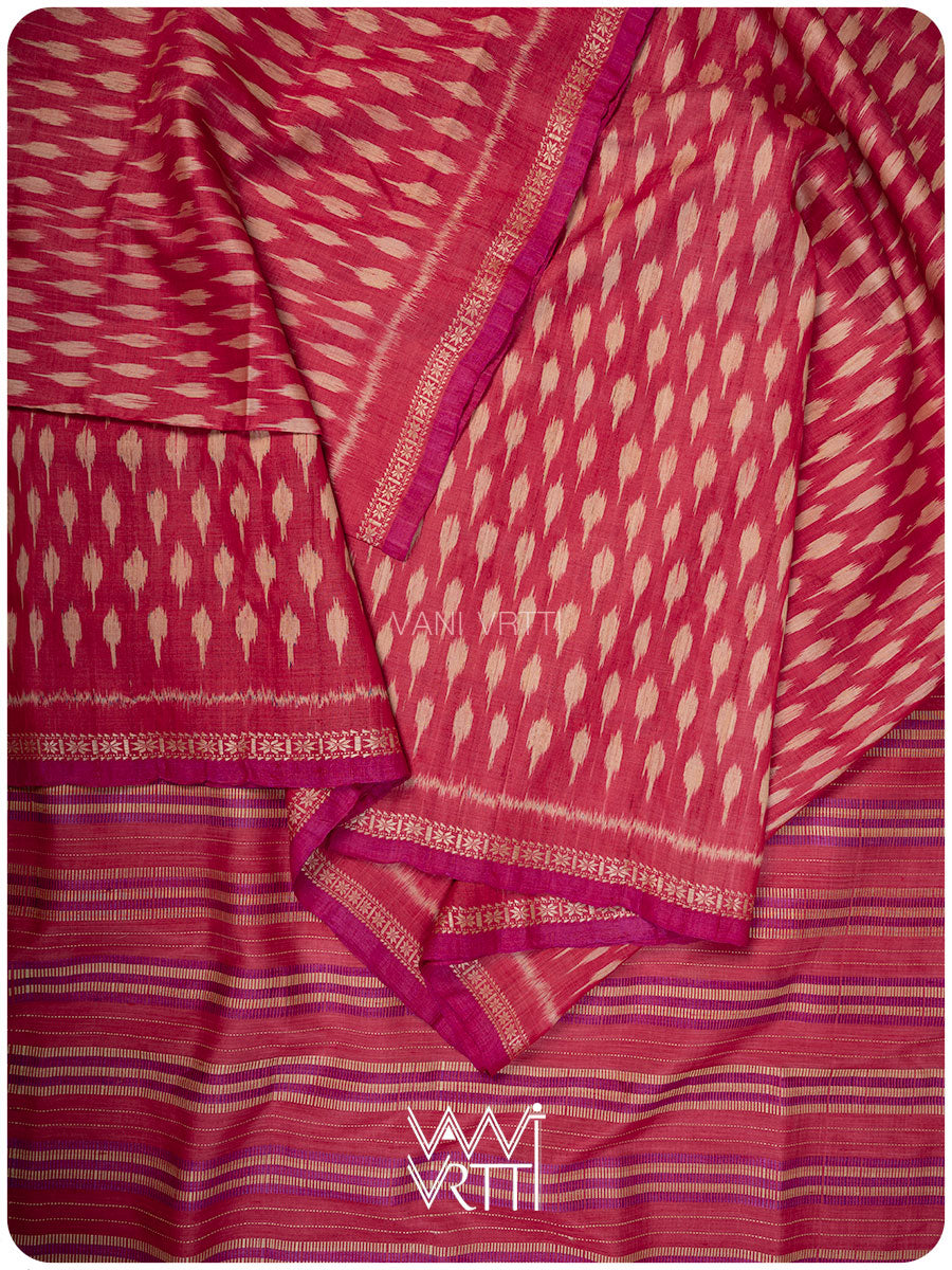 Tomato Red Kadamba Ikat Handspun Tussar Silk Saree