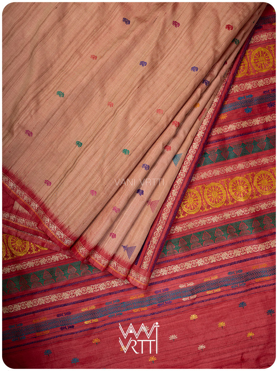 Peach Red Airavata Konark Double Palla Handspun Tussar Silk Saree