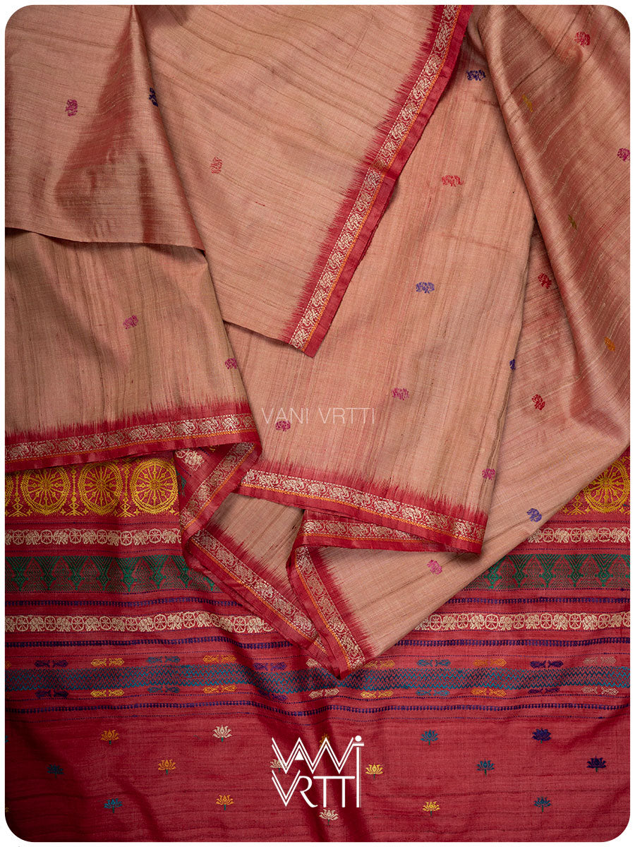 Peach Red Airavata Konark Double Palla Handspun Tussar Silk Saree