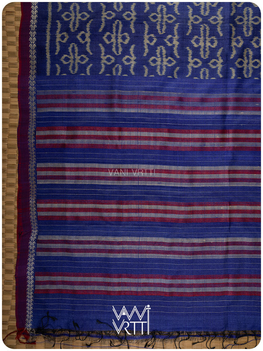 Royal Blue Ashok Phool Ikat Handspun Tussar Silk Saree