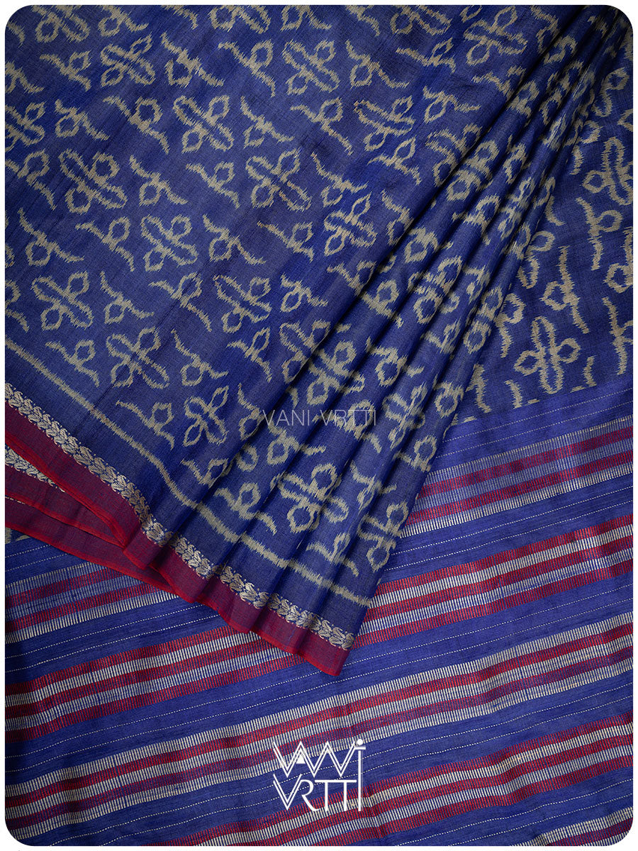 Royal Blue Ashok Phool Ikat Handspun Tussar Silk Saree