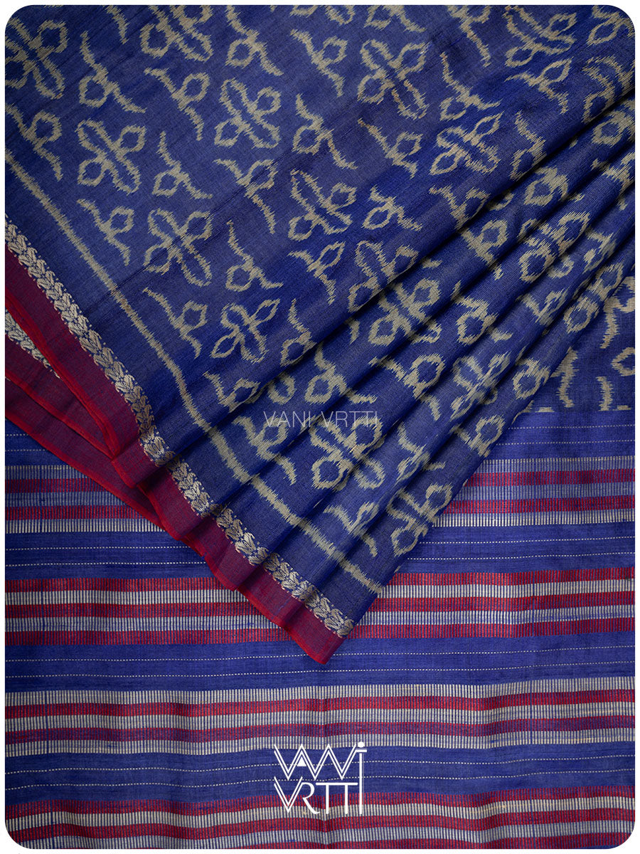 Royal Blue Ashok Phool Ikat Handspun Tussar Silk Saree