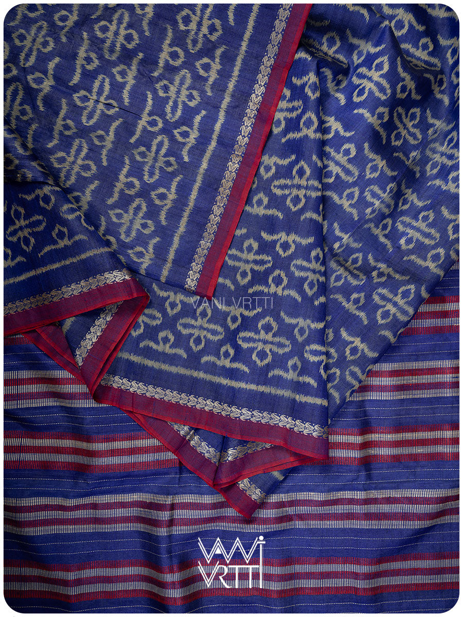 Royal Blue Ashok Phool Ikat Handspun Tussar Silk Saree