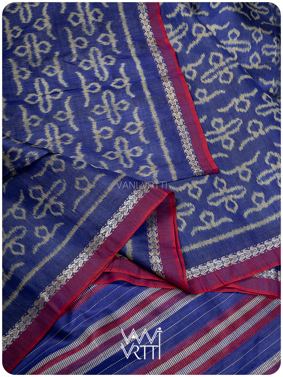 Royal Blue Ashok Phool Ikat Handspun Tussar Silk Saree