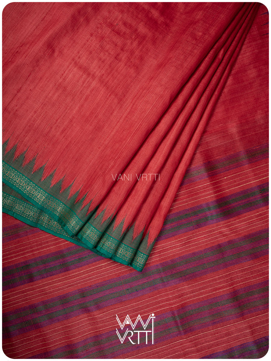 Red Purple Green Aarush Handspun Tussar Silk Saree