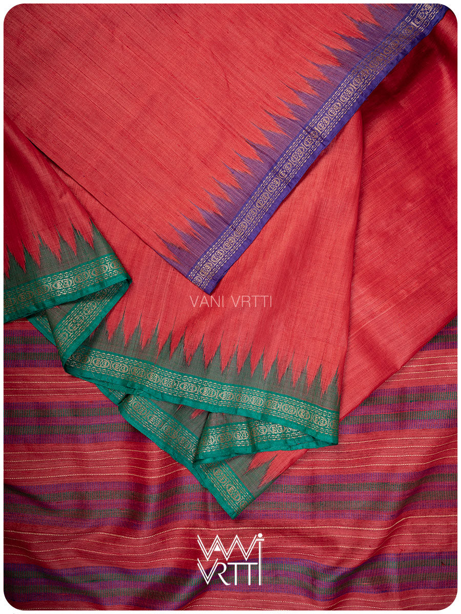 Red Purple Green Aarush Handspun Tussar Silk Saree