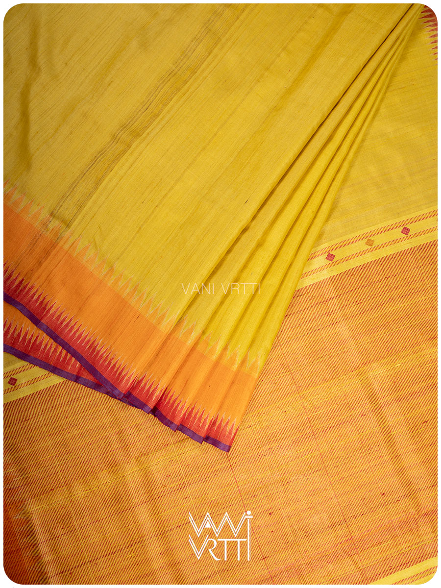 Yellow Orange Sangam Bristi Handspun Tussar Silk Saree