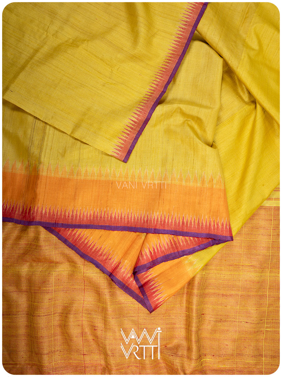 Yellow Orange Sangam Bristi Handspun Tussar Silk Saree