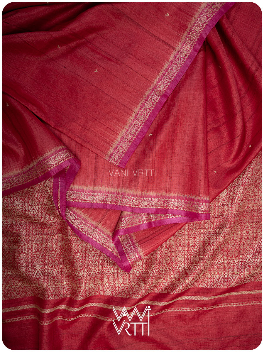 Red Madhumalati Handspun Tussar Silk Saree