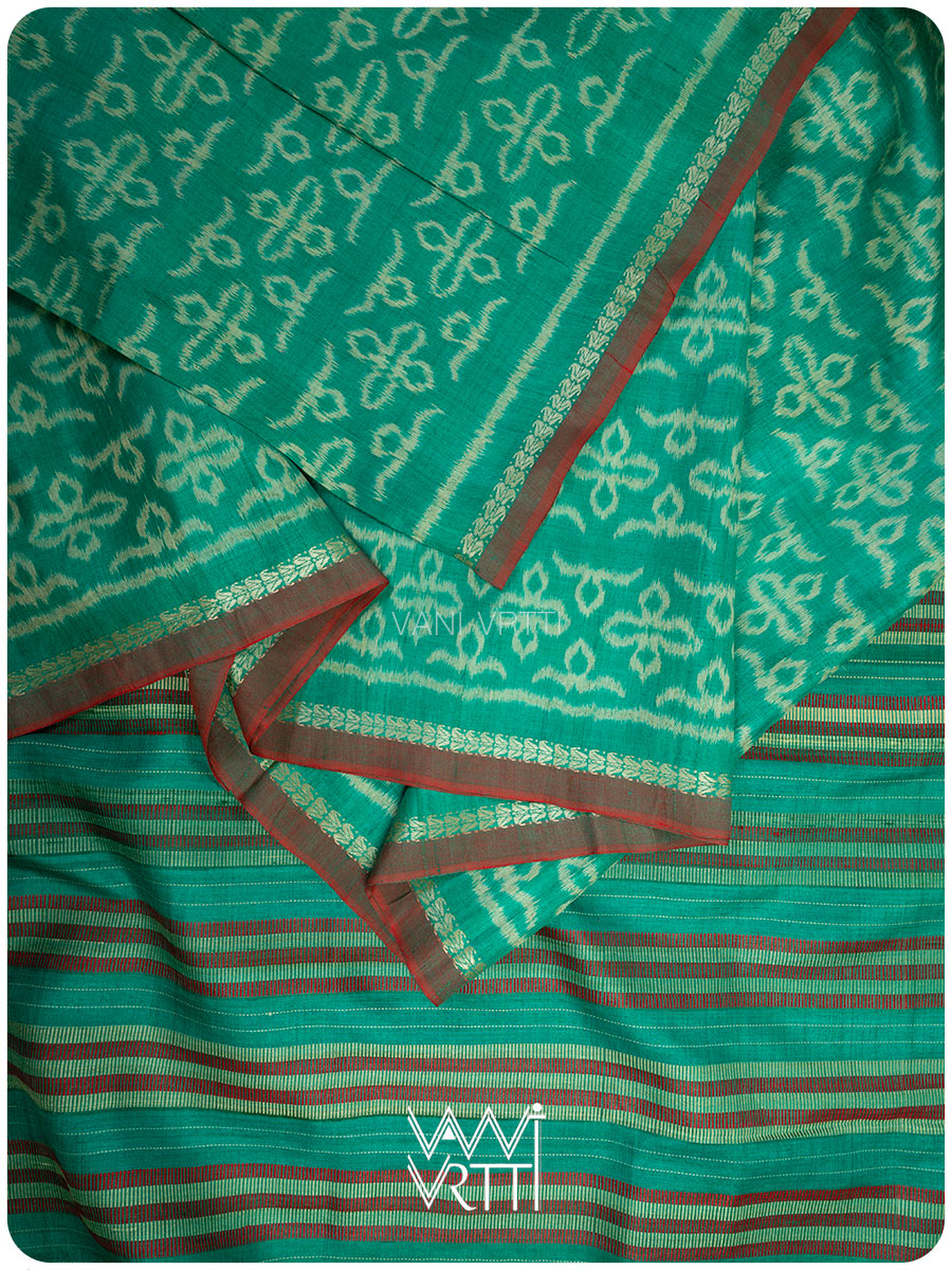 Sea Green Ashok Phool Ikat Handspun Tussar Silk Saree