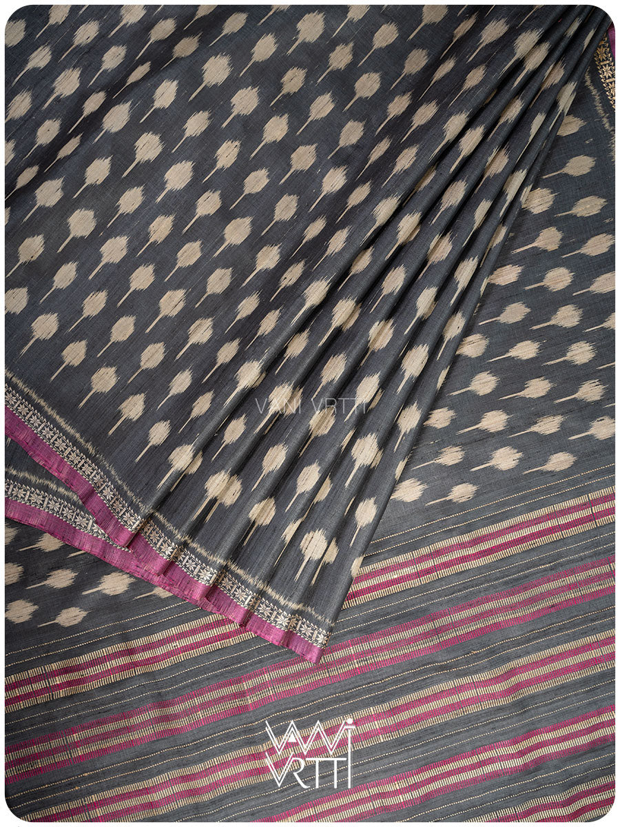 Slate Black Kadamba Ikat Handspun Tussar Silk Saree