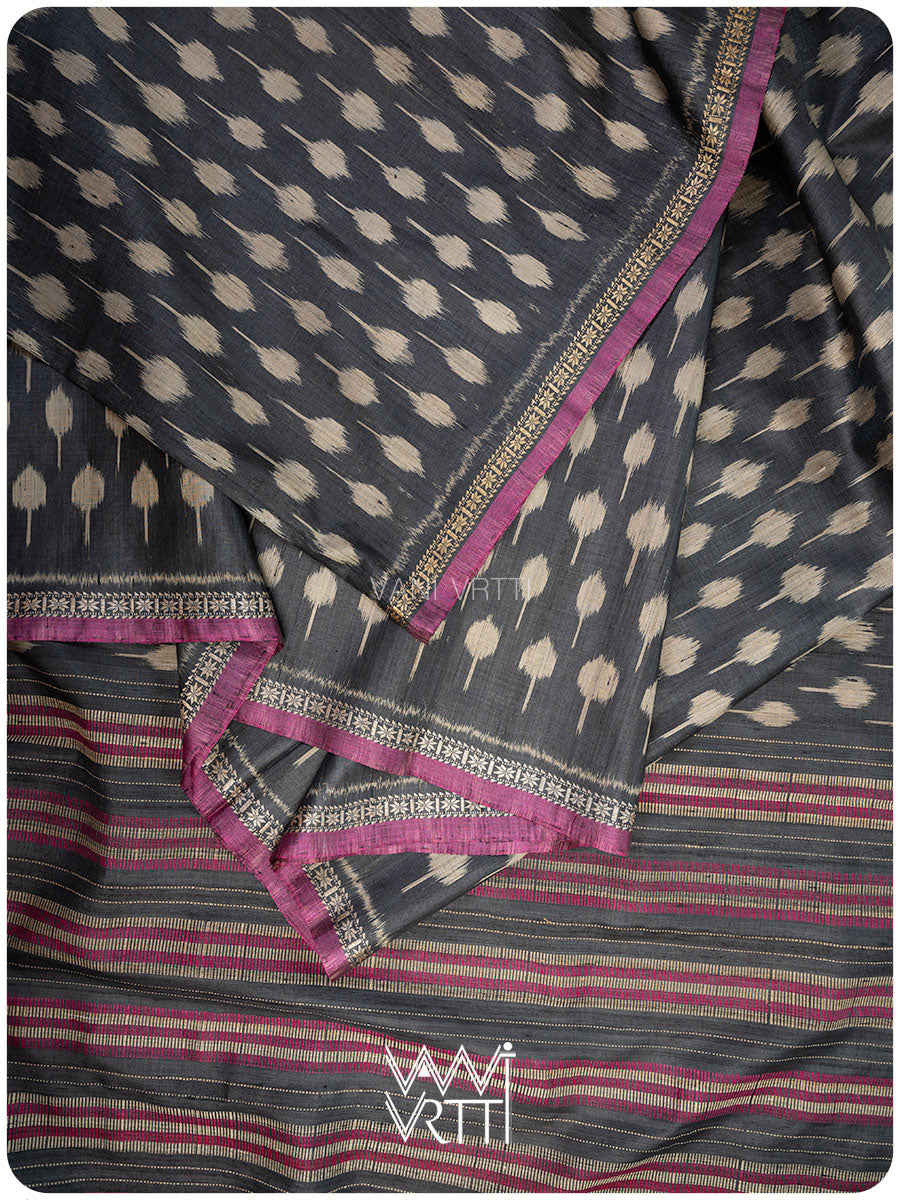 Slate Black Kadamba Ikat Handspun Tussar Silk Saree