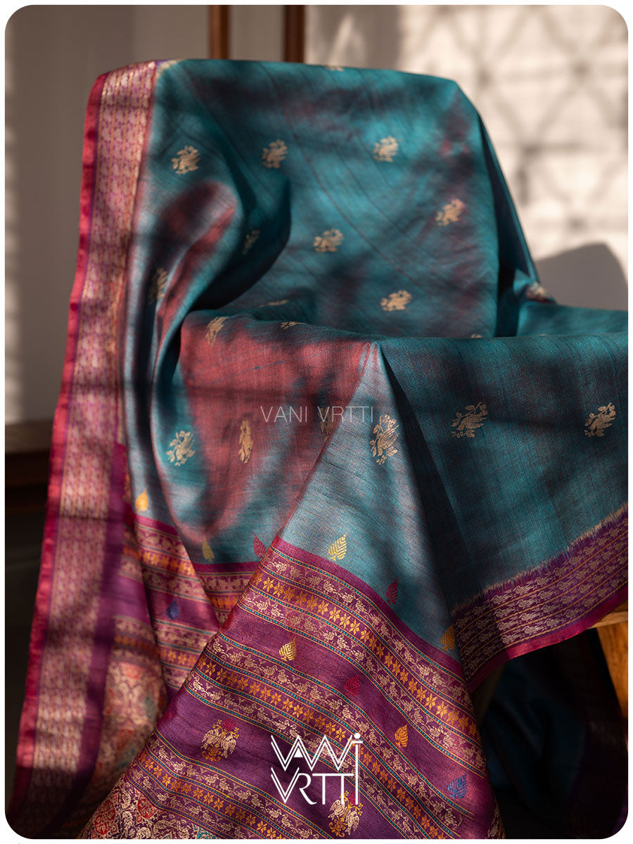 Space Blue Purple Nightingale Master Weave Exclusive Handspun Tussar Silk Saree