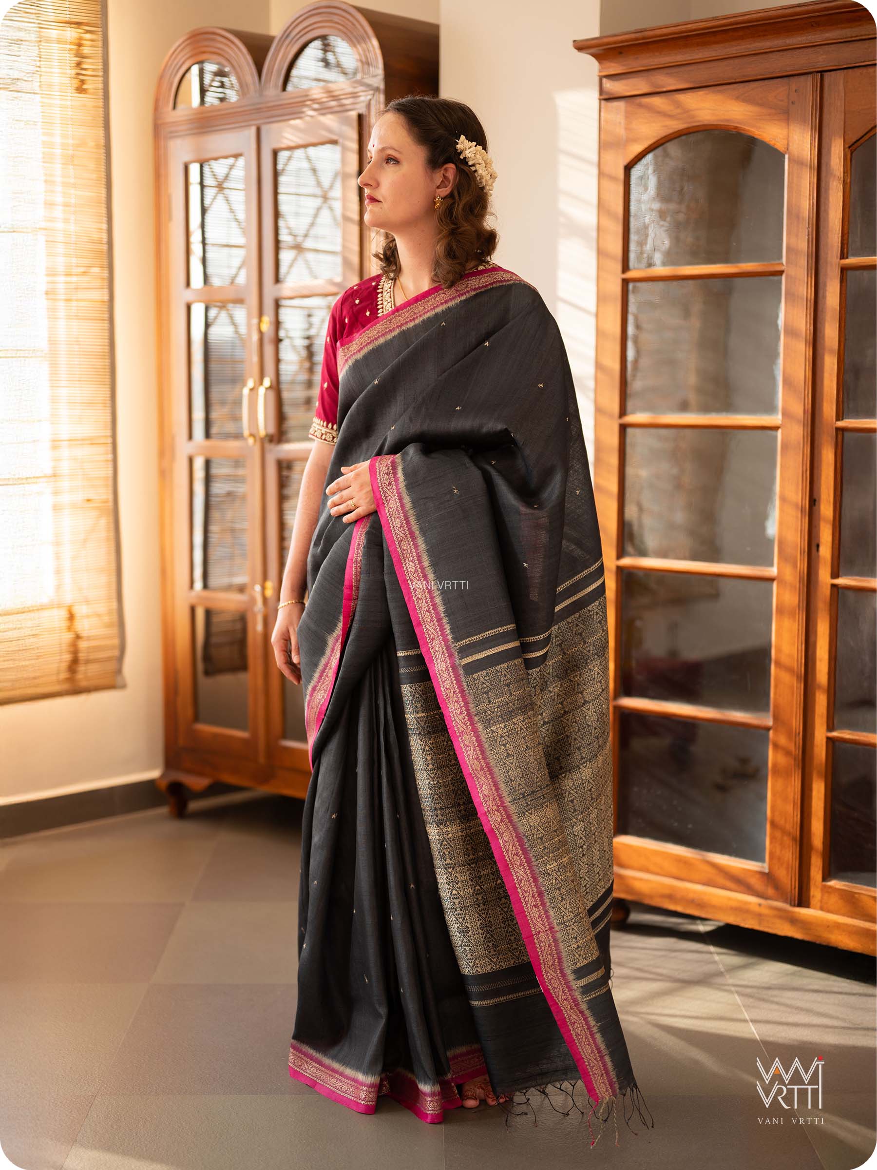 Black Madhumalati Handspun Tussar Silk Sari