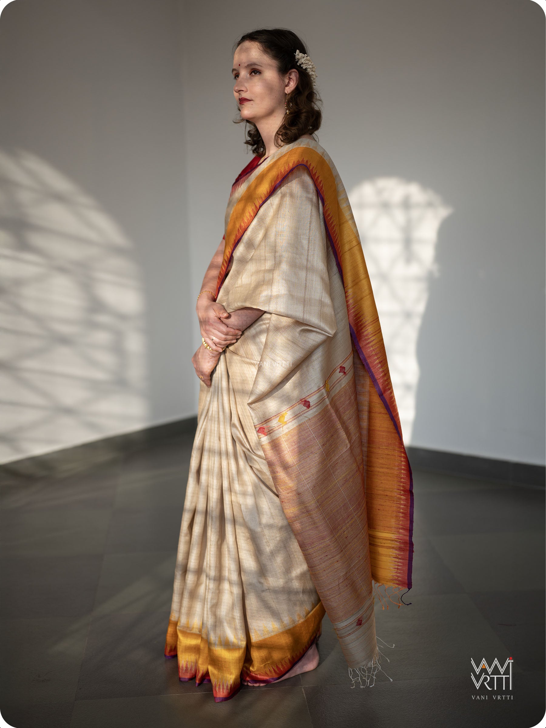 Off White Mustard Yellow Red Sangam Bristi Handspun Tussar Silk Saree