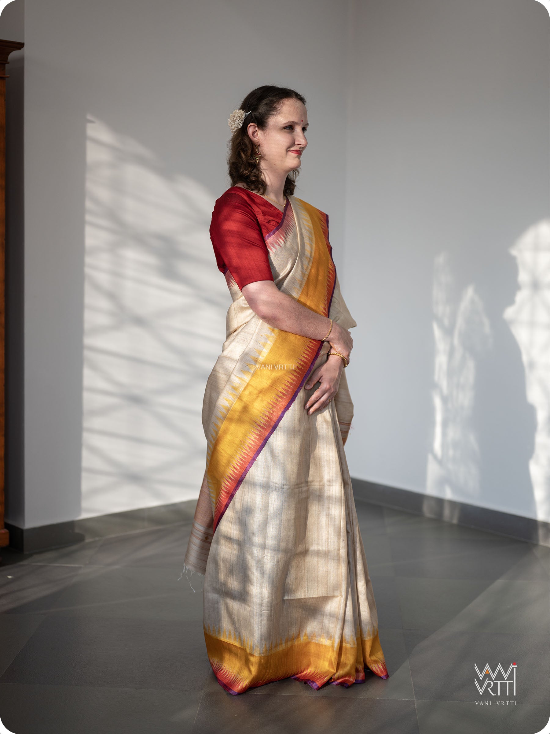 Off White Mustard Yellow Red Sangam Bristi Handspun Tussar Silk Saree