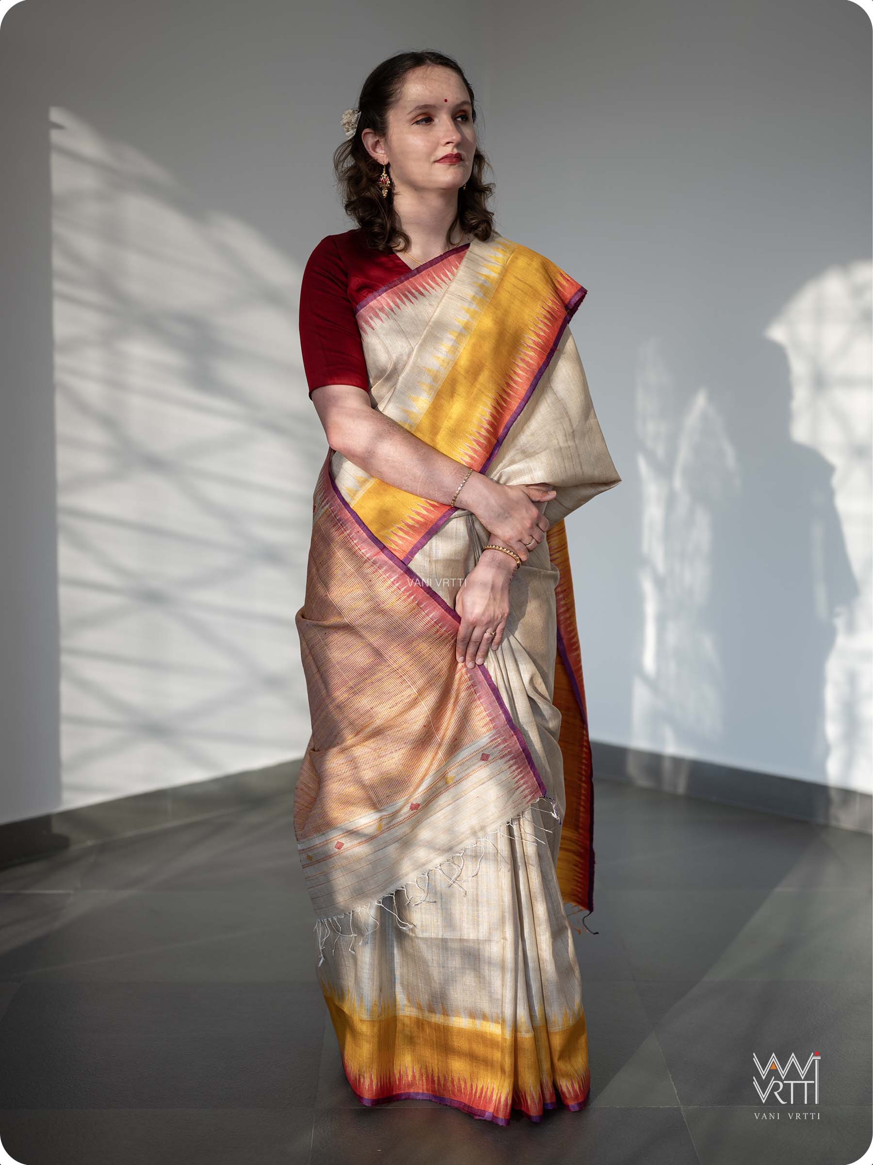 Off White Mustard Yellow Red Sangam Bristi Handspun Tussar Silk Saree