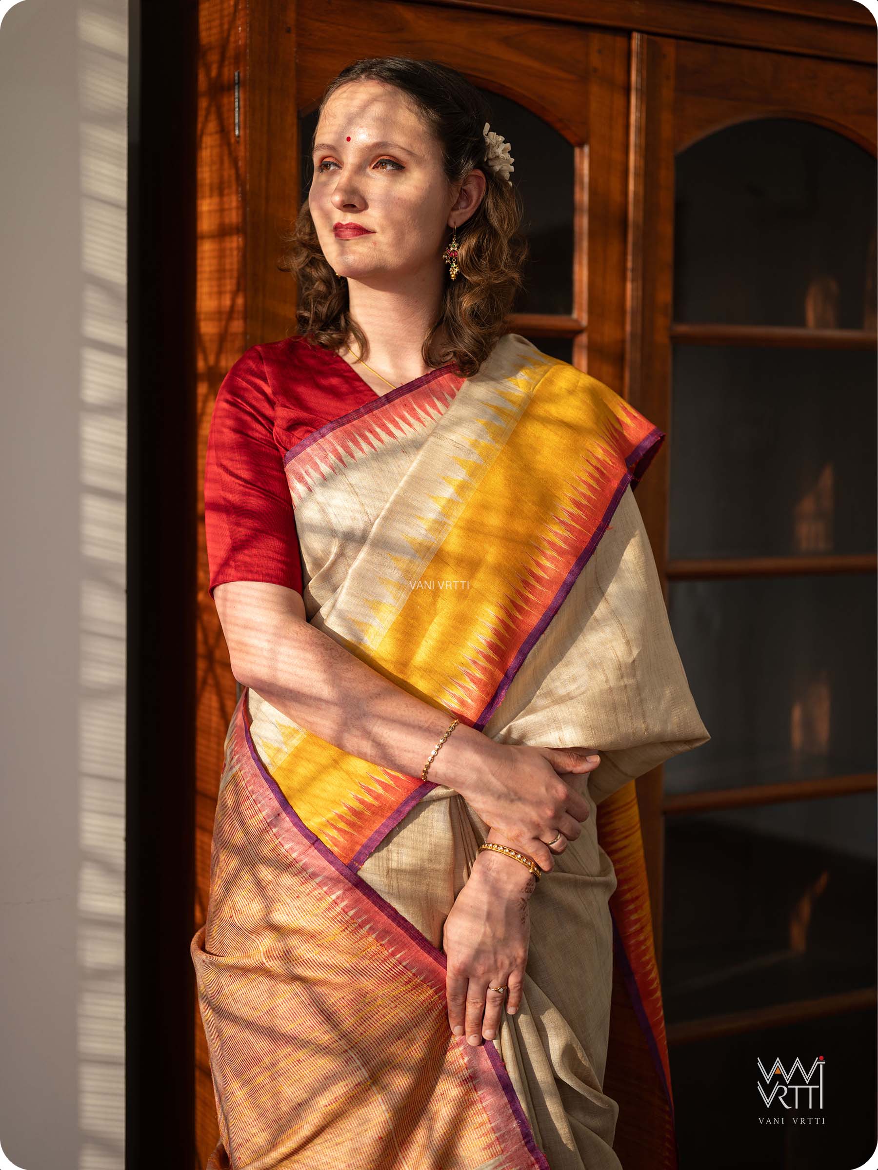 Off White Mustard Yellow Red Sangam Bristi Handspun Tussar Silk Saree