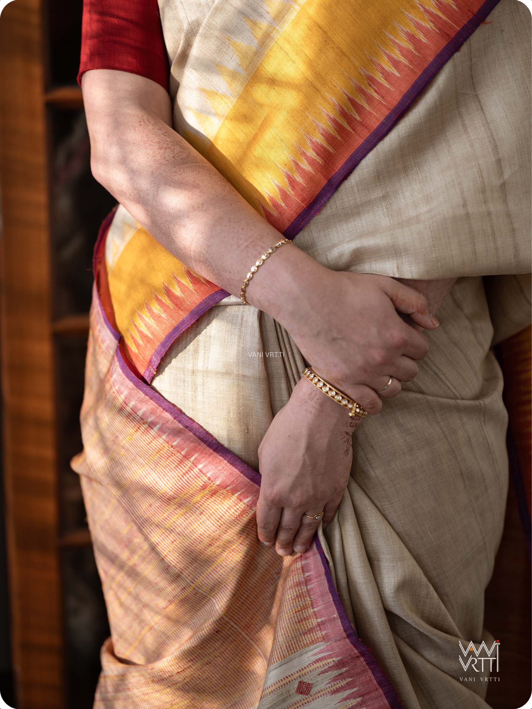 Off White Mustard Yellow Red Sangam Bristi Handspun Tussar Silk Saree