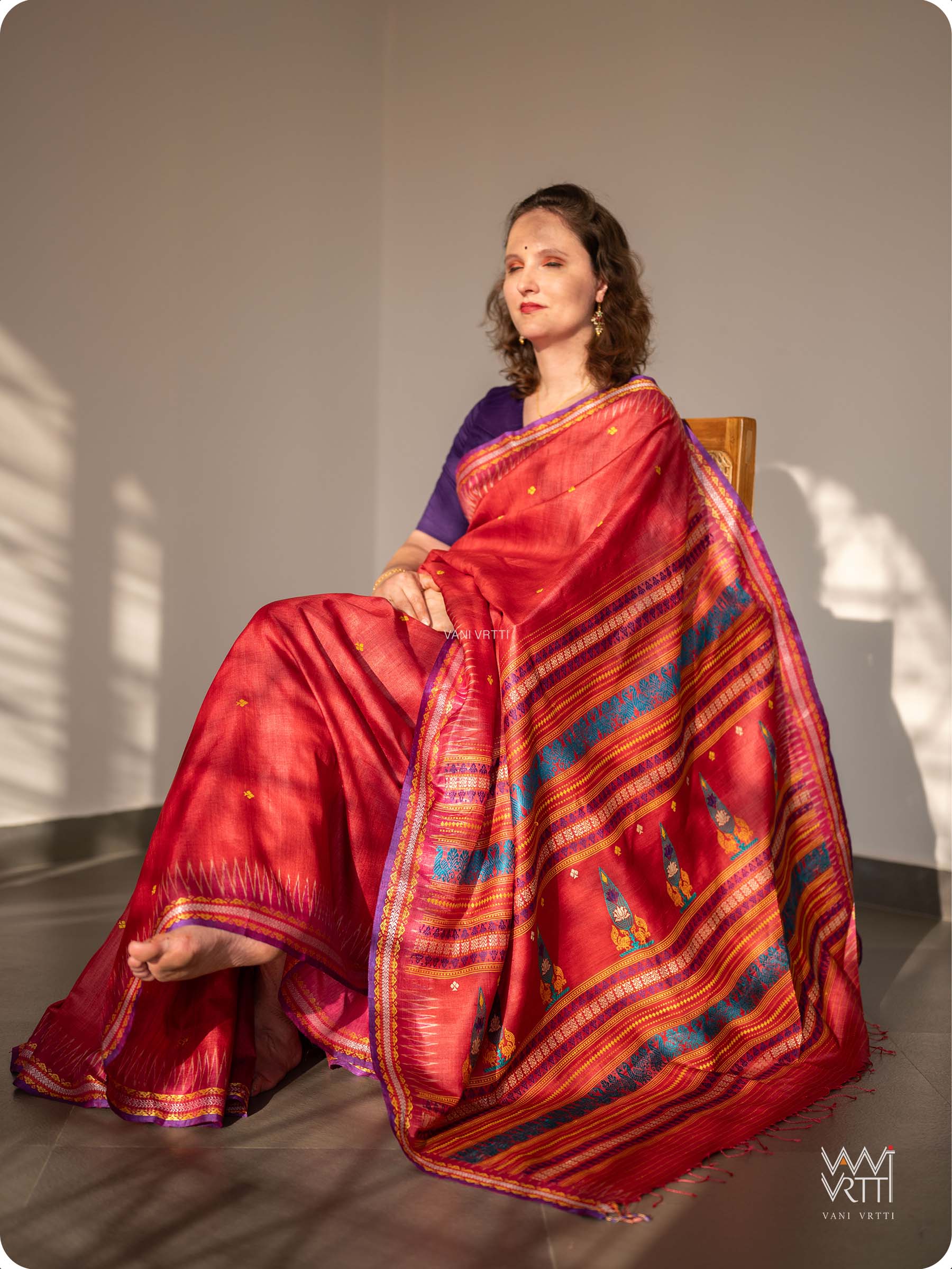 Tomato Red Tree of Life Handspun Tussar Silk Saree