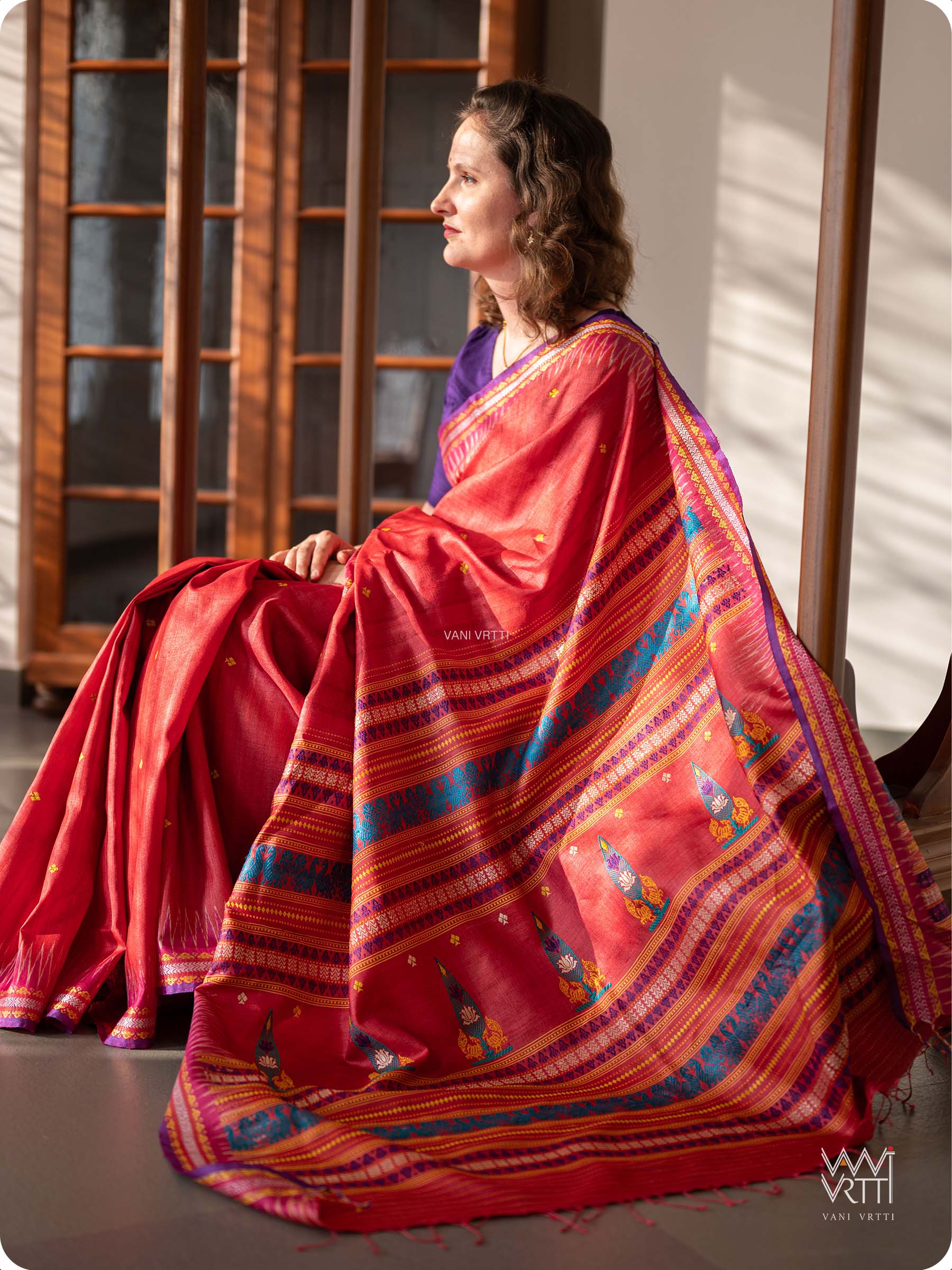 Tomato Red Tree of Life Handspun Tussar Silk Saree