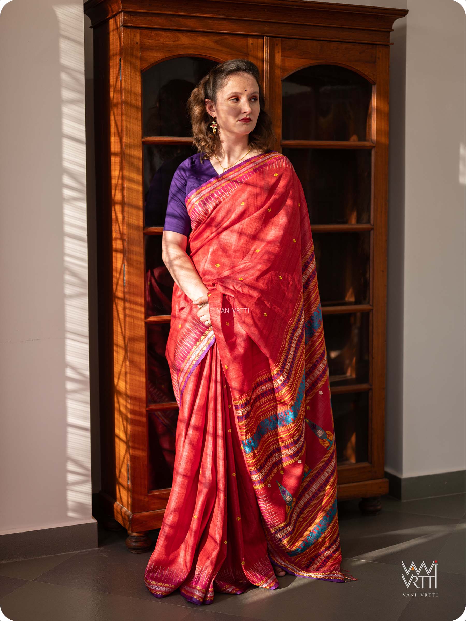 Tomato Red Tree of Life Handspun Tussar Silk Saree